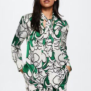 Mango Silky Green & White Drapey Floral Blouse, Size 4